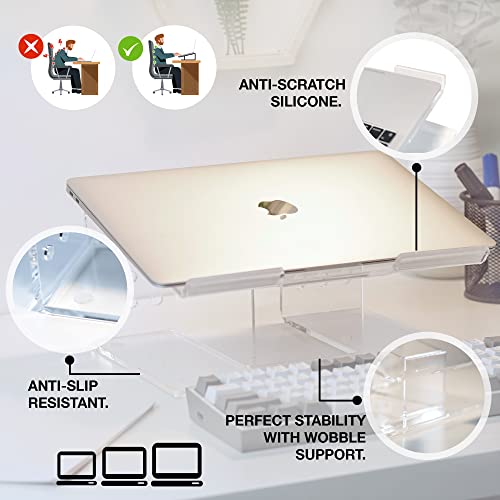 RAINCE Acrylic Laptop Stand: Premium Clear Laptop Stand for Desk. Stable & Ergonomic Design with Anti-Slip & Scratch Protection. Compatible with 10 to 16 inch Laptops