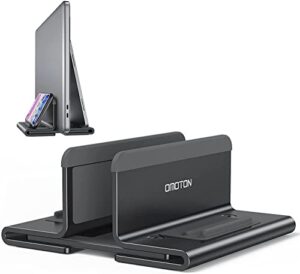 omoton upgraded laptop vertical stand, 3-in-1 laptop holder dock with sturdy silicone pads for ultra protection, suitable for iphone/ipad/mackbook pro/surface/samsung/android tablets, black