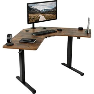 vivo electric height adjustable l-shaped 47 x 47 inch standing desk, vintage brown corner 3-piece table top, black frame, stand up workstation, desk-e1l94n