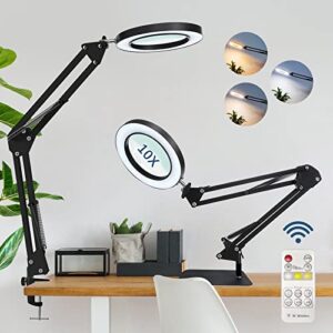 new 2-in-1 magnifier large base & clamp,10x magnifying glass with light and stand,remote control 3 color modes 10 stepless dimmable,adjustable arm magnifier lamp for close work,crafts,painting,repair.