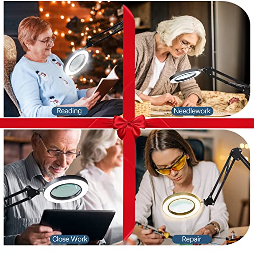 NEW 2-in-1 Magnifier Large Base & Clamp,10X Magnifying Glass with Light and Stand,Remote Control 3 Color Modes 10 Stepless Dimmable,Adjustable Arm Magnifier Lamp for Close Work,Crafts,Painting,Repair.