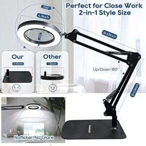 NEW 2-in-1 Magnifier Large Base & Clamp,10X Magnifying Glass with Light and Stand,Remote Control 3 Color Modes 10 Stepless Dimmable,Adjustable Arm Magnifier Lamp for Close Work,Crafts,Painting,Repair.