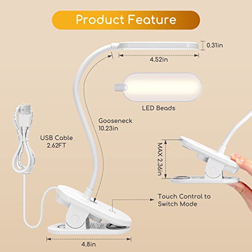 Aigostar Rechargeable Clip on Book Reading Light, Brightness Desk Lamp Touch LED Table Light with 3 Levels Dimmable,Built-in USB Cable,Long Lasting Portable Bed Bedside Clamp Light White