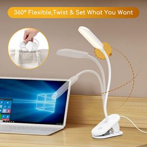 Aigostar Rechargeable Clip on Book Reading Light, Brightness Desk Lamp Touch LED Table Light with 3 Levels Dimmable,Built-in USB Cable,Long Lasting Portable Bed Bedside Clamp Light White