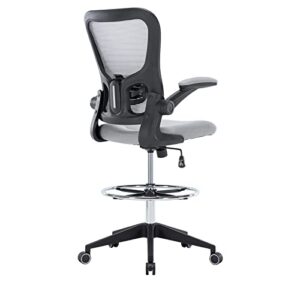 hramk ergonomic office drafting desk chair with flip up arms, mesh back tall office chair with adjustable lumbar support and foot ring (nylon wheelbase, grey)