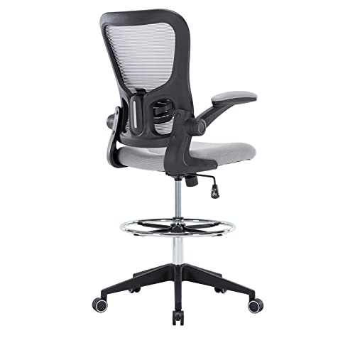 Hramk Ergonomic Office Drafting Desk Chair with Flip up Arms, Mesh Back Tall Office Chair with Adjustable Lumbar Support and Foot Ring (Nylon Wheelbase, Grey)