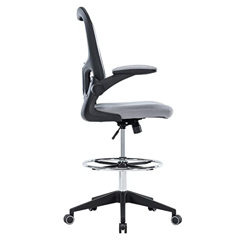 Hramk Ergonomic Office Drafting Desk Chair with Flip up Arms, Mesh Back Tall Office Chair with Adjustable Lumbar Support and Foot Ring (Nylon Wheelbase, Grey)