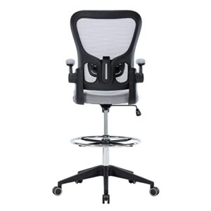 Hramk Ergonomic Office Drafting Desk Chair with Flip up Arms, Mesh Back Tall Office Chair with Adjustable Lumbar Support and Foot Ring (Nylon Wheelbase, Grey)