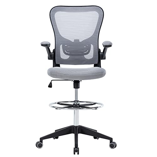 Hramk Ergonomic Office Drafting Desk Chair with Flip up Arms, Mesh Back Tall Office Chair with Adjustable Lumbar Support and Foot Ring (Nylon Wheelbase, Grey)