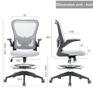 Hramk Ergonomic Office Drafting Desk Chair with Flip up Arms, Mesh Back Tall Office Chair with Adjustable Lumbar Support and Foot Ring (Nylon Wheelbase, Grey)