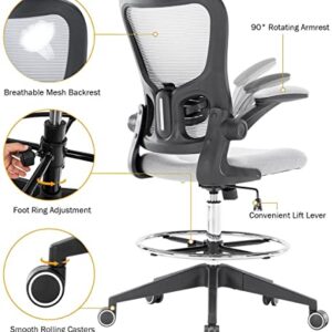 Hramk Ergonomic Office Drafting Desk Chair with Flip up Arms, Mesh Back Tall Office Chair with Adjustable Lumbar Support and Foot Ring (Nylon Wheelbase, Grey)