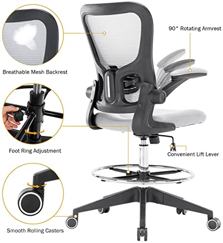 Hramk Ergonomic Office Drafting Desk Chair with Flip up Arms, Mesh Back Tall Office Chair with Adjustable Lumbar Support and Foot Ring (Nylon Wheelbase, Grey)