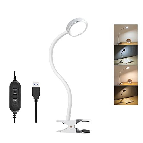 Clip on Desk Lamp for Home Office,Aluminum Reading Light for Books in Bed,Dimmable 360° Adjustable Gooseneck Small Desk Lamp,White USB Powered Eye Friendly Clamp Night Light