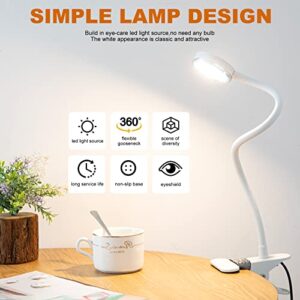 Clip on Desk Lamp for Home Office,Aluminum Reading Light for Books in Bed,Dimmable 360° Adjustable Gooseneck Small Desk Lamp,White USB Powered Eye Friendly Clamp Night Light