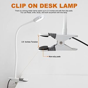 Clip on Desk Lamp for Home Office,Aluminum Reading Light for Books in Bed,Dimmable 360° Adjustable Gooseneck Small Desk Lamp,White USB Powered Eye Friendly Clamp Night Light