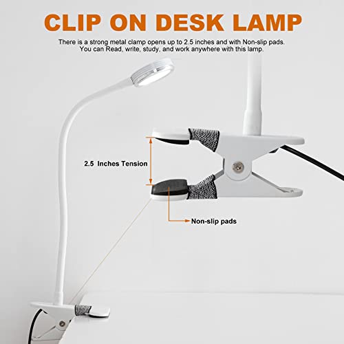 Clip on Desk Lamp for Home Office,Aluminum Reading Light for Books in Bed,Dimmable 360° Adjustable Gooseneck Small Desk Lamp,White USB Powered Eye Friendly Clamp Night Light