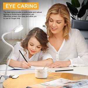 Clip on Desk Lamp for Home Office,Aluminum Reading Light for Books in Bed,Dimmable 360° Adjustable Gooseneck Small Desk Lamp,White USB Powered Eye Friendly Clamp Night Light