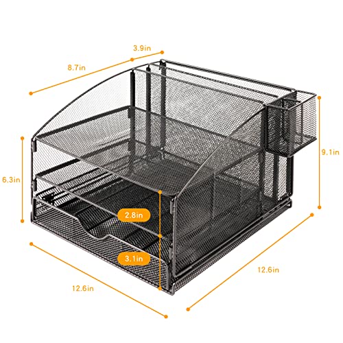 Desk File Organizer with Drawer and Pen Holder,Paper Letter Tray Organizer,Mesh Desktop File Folder Hoder Organizer, Metal Document File Tray,One means Whole.
