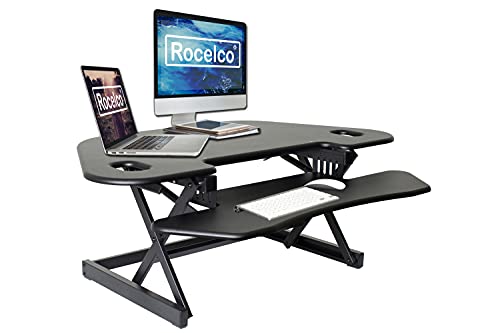 Rocelco 46" Height Adjustable Corner Standing Desk Converter, Quick Sit Standup Dual Monitor Riser, Gas Spring Assist Tabletop Computer Workstation, Large Keyboard Tray, (R CADRB-46), Black