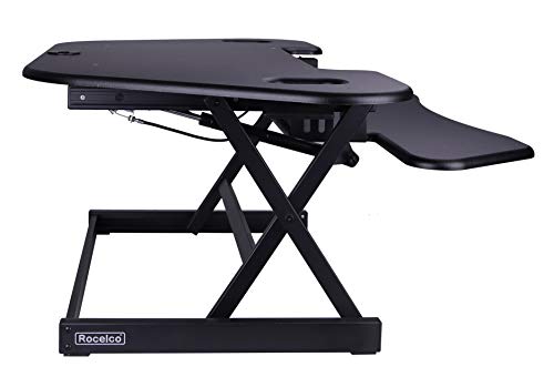 Rocelco 46" Height Adjustable Corner Standing Desk Converter, Quick Sit Standup Dual Monitor Riser, Gas Spring Assist Tabletop Computer Workstation, Large Keyboard Tray, (R CADRB-46), Black