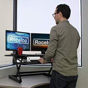 Rocelco 46" Height Adjustable Corner Standing Desk Converter, Quick Sit Standup Dual Monitor Riser, Gas Spring Assist Tabletop Computer Workstation, Large Keyboard Tray, (R CADRB-46), Black