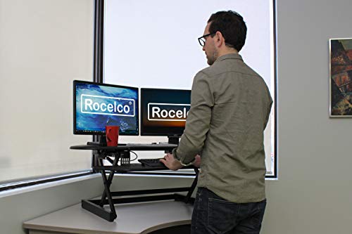 Rocelco 46" Height Adjustable Corner Standing Desk Converter, Quick Sit Standup Dual Monitor Riser, Gas Spring Assist Tabletop Computer Workstation, Large Keyboard Tray, (R CADRB-46), Black