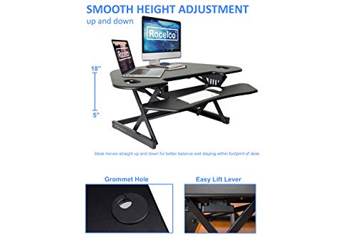 Rocelco 46" Height Adjustable Corner Standing Desk Converter, Quick Sit Standup Dual Monitor Riser, Gas Spring Assist Tabletop Computer Workstation, Large Keyboard Tray, (R CADRB-46), Black