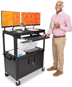 line leader large av cart with locking cabinet | height adjustable utility cart | includes pullout keyboard tray & cord management | easy assembly (32in x 18in x 42in / black)