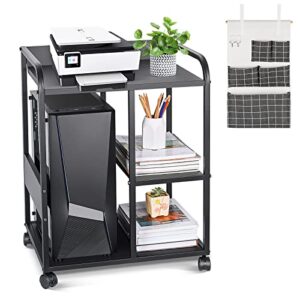 retyion mobile printer stand with storage, 3-tier rolling printer table with hanging bag, computer tower stand under desk for home office storage (black)
