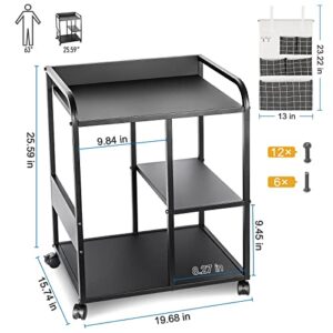 Retyion Mobile Printer Stand with Storage, 3-Tier Rolling Printer Table with Hanging Bag, Computer Tower Stand Under Desk for Home Office Storage (Black)