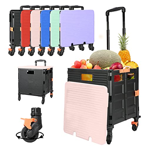 SELORSS Foldable Utility Cart Rolling Crate Handcart 110lbs Large Capacity Shopping Cart with 360°Rotate Noiseless Wheels & Telescoping Handle for Transports Groceries Office School Use（Pink）