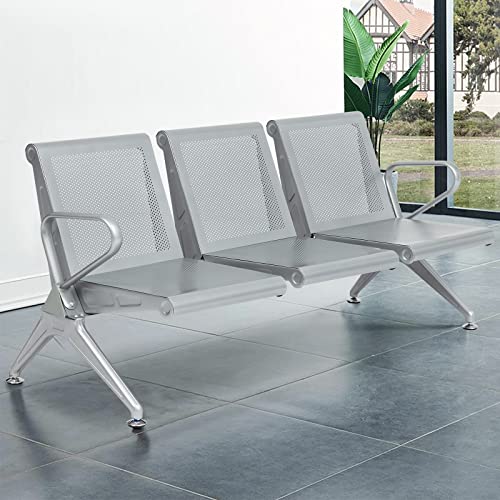 Kinbor Office Reception Guest Chair - Waiting Room Chair Visitor Guest Sofa Reception Chairs for Office Hall Barber Airport Hospital, Silver (3 Seat)