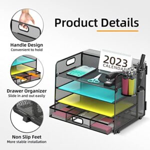 Daltack Paper Tray Mesh Desk Organizer with Vertical File Holder Office Organization with Drawer File Holder Desk File Organizer