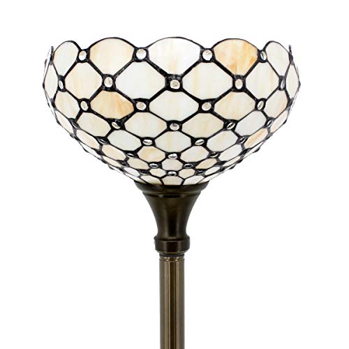 WERFACTORY Tiffany Floor Lamp Cream Amber Stained Glass Bead Light 12X12X66 Inches Pole Torchiere Standing Corner Torch Uplight Decor Bedroom Living Room Home Office (LED Bulb Included) S005 Series