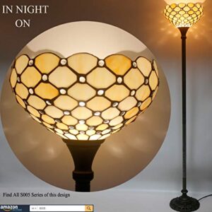 WERFACTORY Tiffany Floor Lamp Cream Amber Stained Glass Bead Light 12X12X66 Inches Pole Torchiere Standing Corner Torch Uplight Decor Bedroom Living Room Home Office (LED Bulb Included) S005 Series