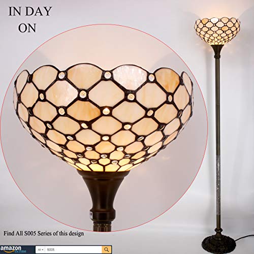 WERFACTORY Tiffany Floor Lamp Cream Amber Stained Glass Bead Light 12X12X66 Inches Pole Torchiere Standing Corner Torch Uplight Decor Bedroom Living Room Home Office (LED Bulb Included) S005 Series