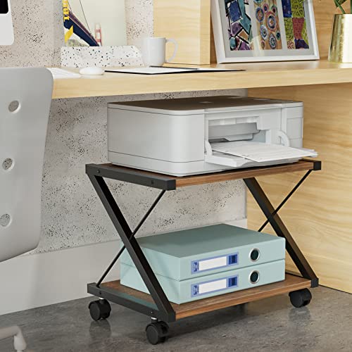 MaxGear Under Desk Printer Stand, 2 Tier Printer Rolling Cart with 4 Wheels, Wood Desktop Printer Table with Anti-Skid Pads, Home Printer Shelf for Office Fax Machine, Scanner, Books, Rustic Brown