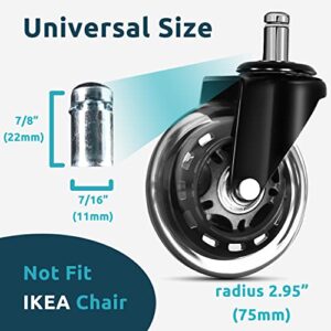 Office Chair Wheels (Set of 5), 3'' 100% No Scratches Caster Wheels, Heavy Duty & Safe Computer Gaming Chair Casters Quiet Rolling, Suitable for All Floors Including Hardwood Cappet