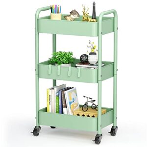 anyyuk 3-tier rolling storage cart, metal utility cart with wheels and hooks mobile art cart kitchen organizer storage carts for bathroom office bedroom
