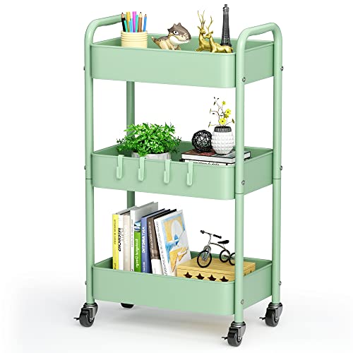 Anyyuk 3-Tier Rolling Storage Cart, Metal Utility Cart with Wheels and Hooks Mobile Art Cart Kitchen Organizer Storage Carts for Bathroom Office Bedroom