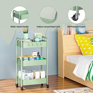 Anyyuk 3-Tier Rolling Storage Cart, Metal Utility Cart with Wheels and Hooks Mobile Art Cart Kitchen Organizer Storage Carts for Bathroom Office Bedroom