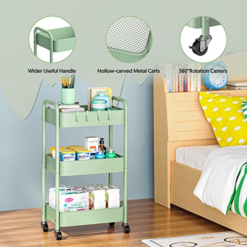 Anyyuk 3-Tier Rolling Storage Cart, Metal Utility Cart with Wheels and Hooks Mobile Art Cart Kitchen Organizer Storage Carts for Bathroom Office Bedroom