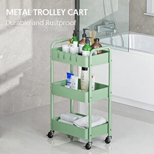 Anyyuk 3-Tier Rolling Storage Cart, Metal Utility Cart with Wheels and Hooks Mobile Art Cart Kitchen Organizer Storage Carts for Bathroom Office Bedroom