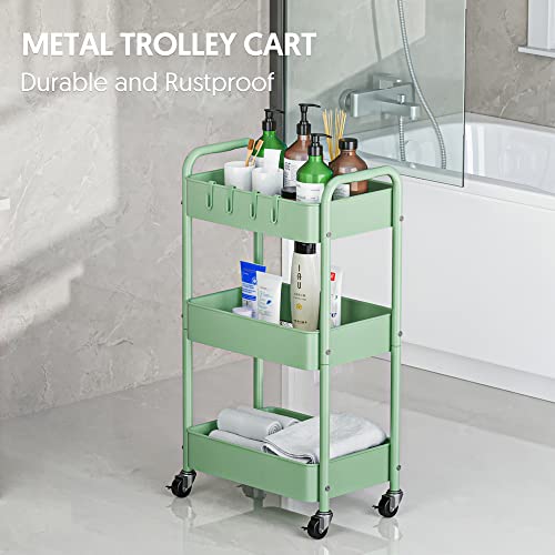 Anyyuk 3-Tier Rolling Storage Cart, Metal Utility Cart with Wheels and Hooks Mobile Art Cart Kitchen Organizer Storage Carts for Bathroom Office Bedroom