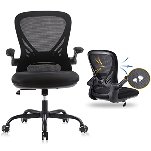 GTRSJ Office Chair with Flip up Armrests Mesh Executive Chairs Ergonomic Desk Chair with Lumbar Support Swivel Computer Chair for Conference Room Max Capacity 300lbs (Black/Noir)