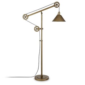 henn&hart pulley system floor lamp with metal shade in antique brass/antique brass, floor lamp for home office, bedroom, living room