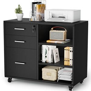 shahoo 3 drawer filing cabinet, mobile lateral printer adjustable open storage shelf, lockable wheels for home office, dark black