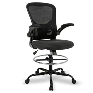 Drafting Chair Tall Office Chair, Standing Desk Chair 3.9'' Cushion, Ergonomic Mesh Computer Chair with Adjustable Foot Ring & Flip-Up Arm, Executive Rolling Swivel Stool for Office & Home. (Black)