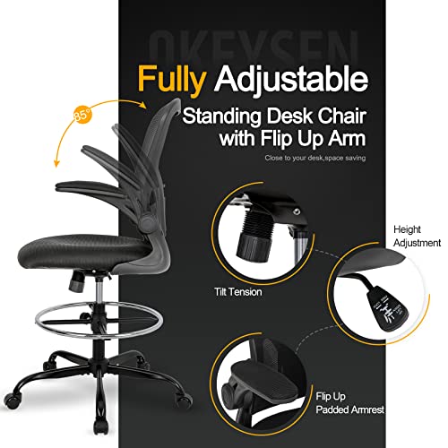 Drafting Chair Tall Office Chair, Standing Desk Chair 3.9'' Cushion, Ergonomic Mesh Computer Chair with Adjustable Foot Ring & Flip-Up Arm, Executive Rolling Swivel Stool for Office & Home. (Black)