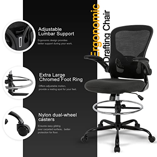 Drafting Chair Tall Office Chair, Standing Desk Chair 3.9'' Cushion, Ergonomic Mesh Computer Chair with Adjustable Foot Ring & Flip-Up Arm, Executive Rolling Swivel Stool for Office & Home. (Black)